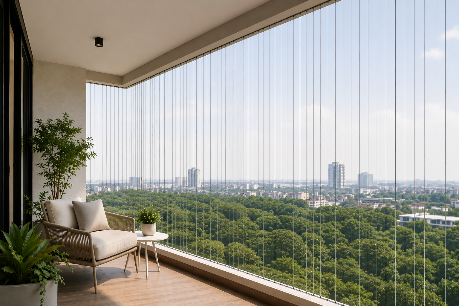 Balcony protected with BALU invisible grills overlooking the city